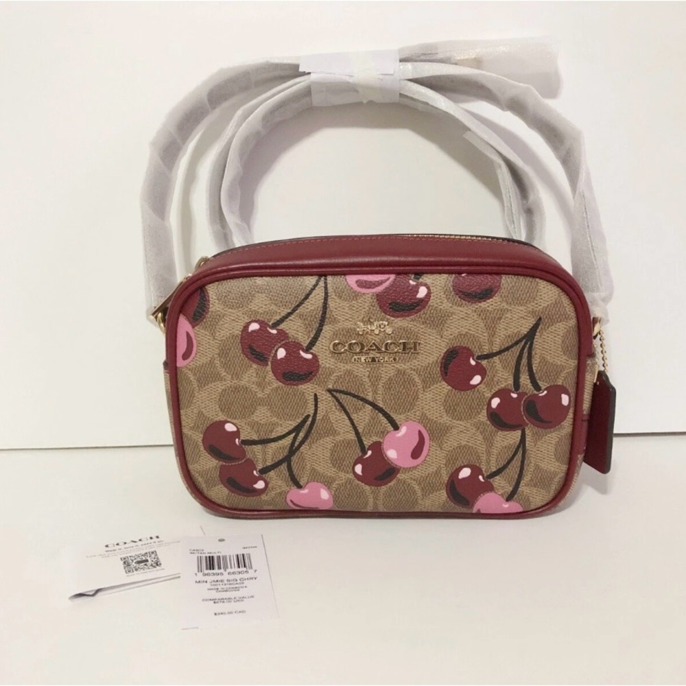 🌸New Coach Cherry Print Mini Jamie Camera Bag With Signature Canvas